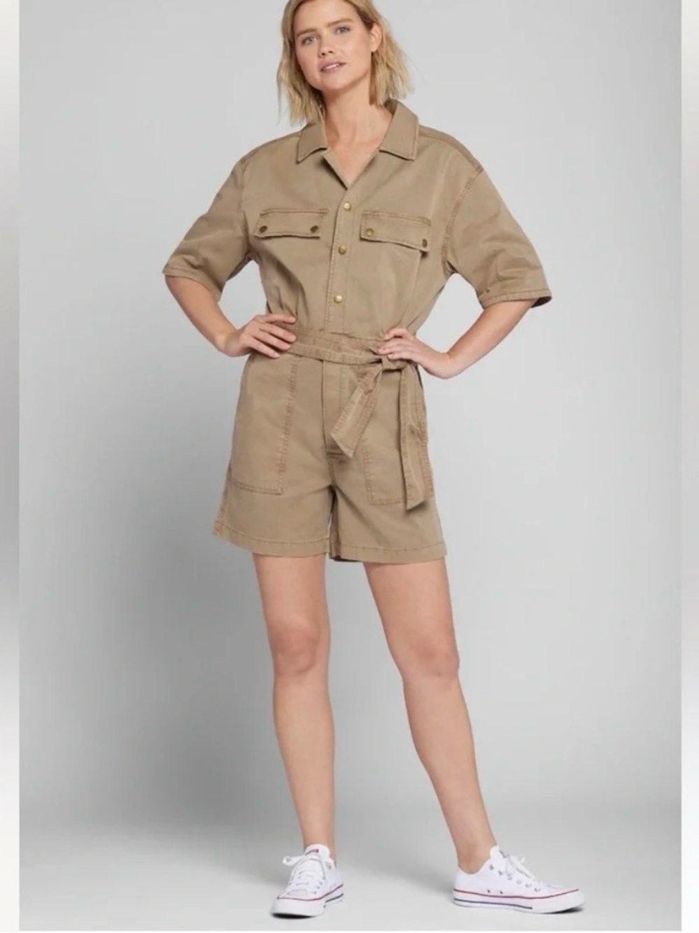 Current Elliott The Serenity Short Utility Romper Jumpsuit Tie-Waist in Khaki XS